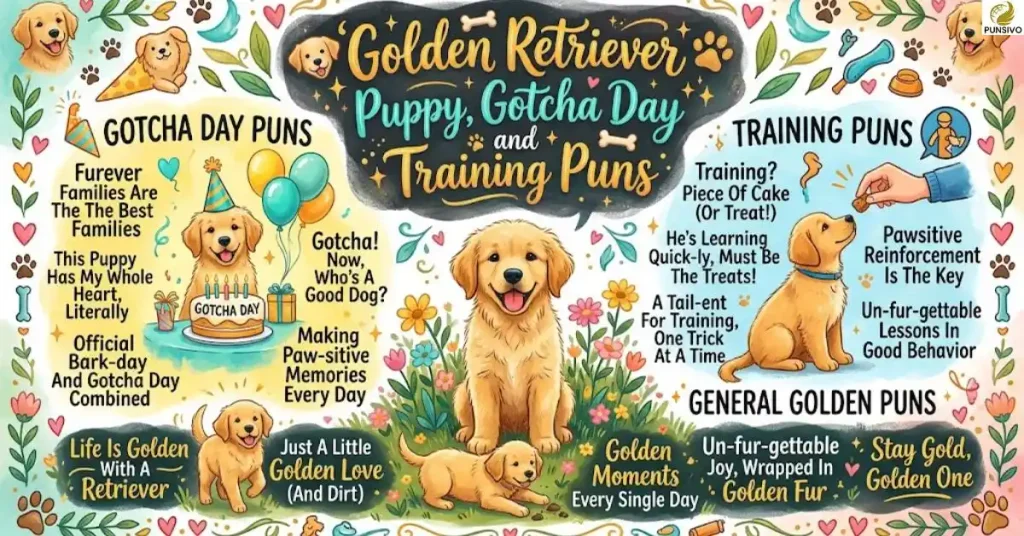 golden-retriever-puppy-gotcha-day-and-training-puns Golden Retriever Puppy, Gotcha Day and Training Puns